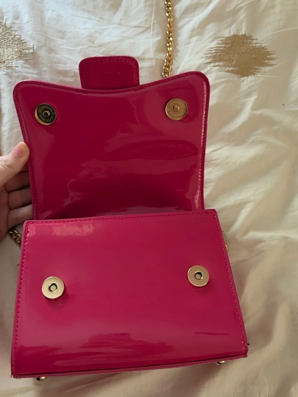 Hot Pink Mini Top-Handle Bag with Gold Chain Strap - Picture 3 of 4